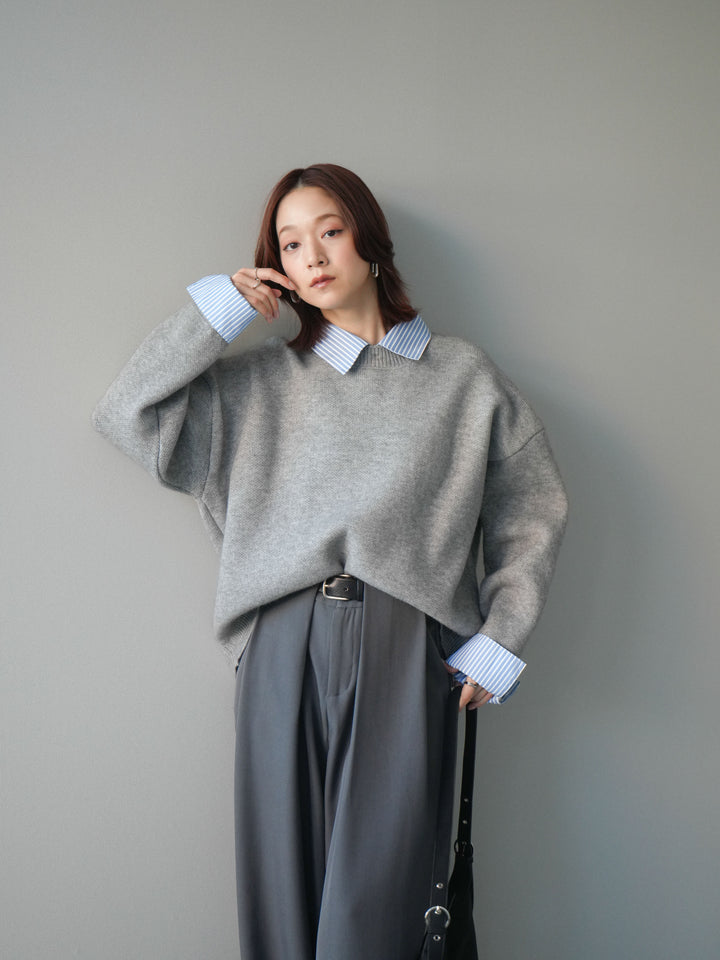 [SET]2WAYストライプ襟ニットプルオーバー+ベルトループデザインワイドパンツ(2set)