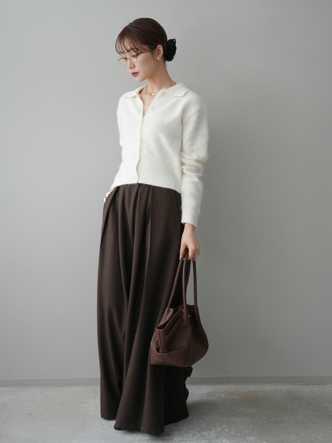 [SET]モヘア衿付きボタンプルオーバー+テープベルトタックバギーパンツ(2set)