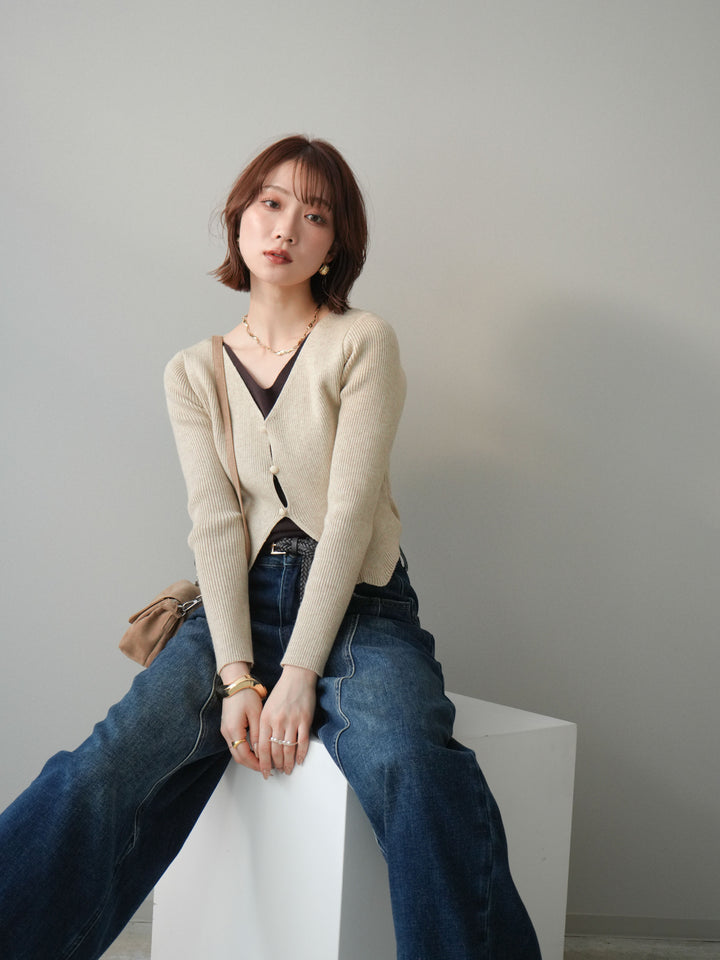 [予約]Vネック配色レイヤードスリットニットトップス/beige