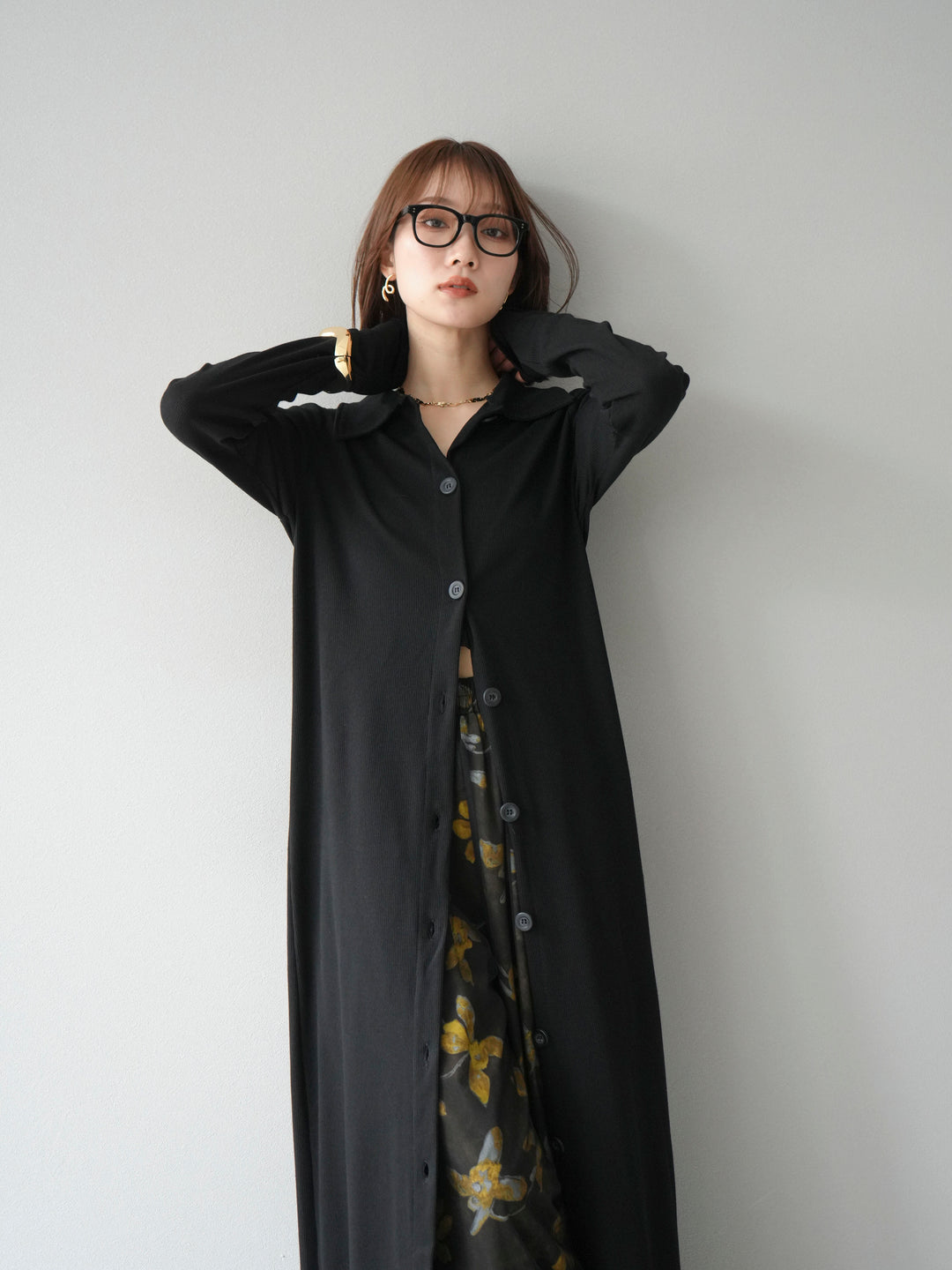 [SET]襟付きカットリブボタンワンピース+フラワープリントチュールレイヤードパンツ(2set)