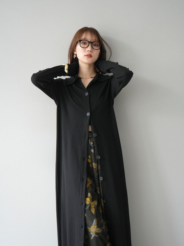 [SET]襟付きカットリブボタンワンピース+フラワープリントチュールレイヤードパンツ(2set)