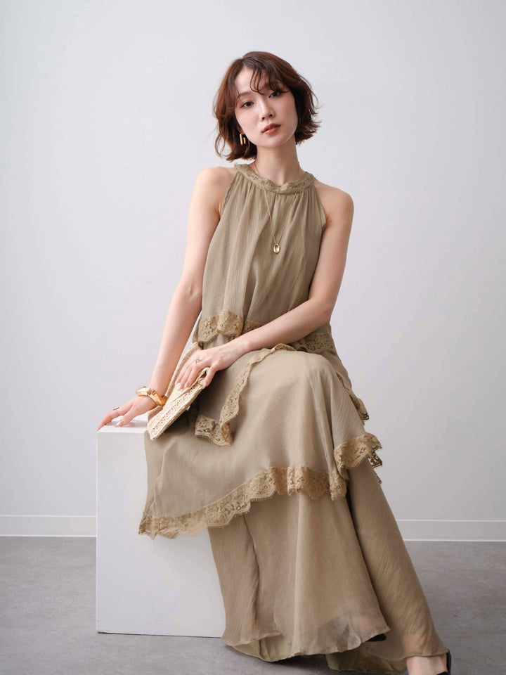 [予約]レースヘムティアードノースリドレス/khaki