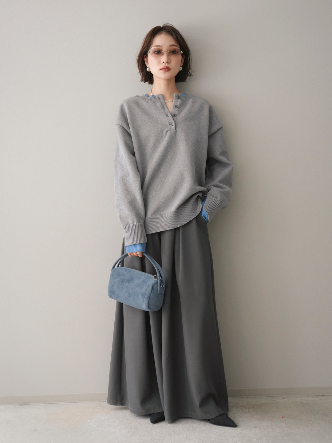 [予約]2WAYネック配色レイヤードニットプルオーバー/gray