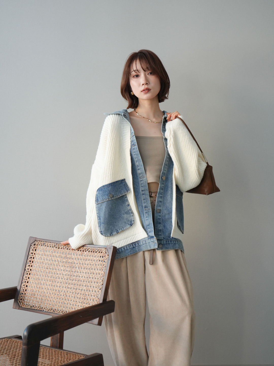 [SET]デニムドッキングオーバーニットジャケット+コーデュロイサイドタックコクーンパンツ(2set)