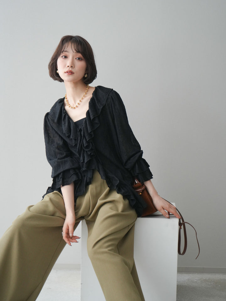 [予約]ラッフルレーススリットブラウス/black