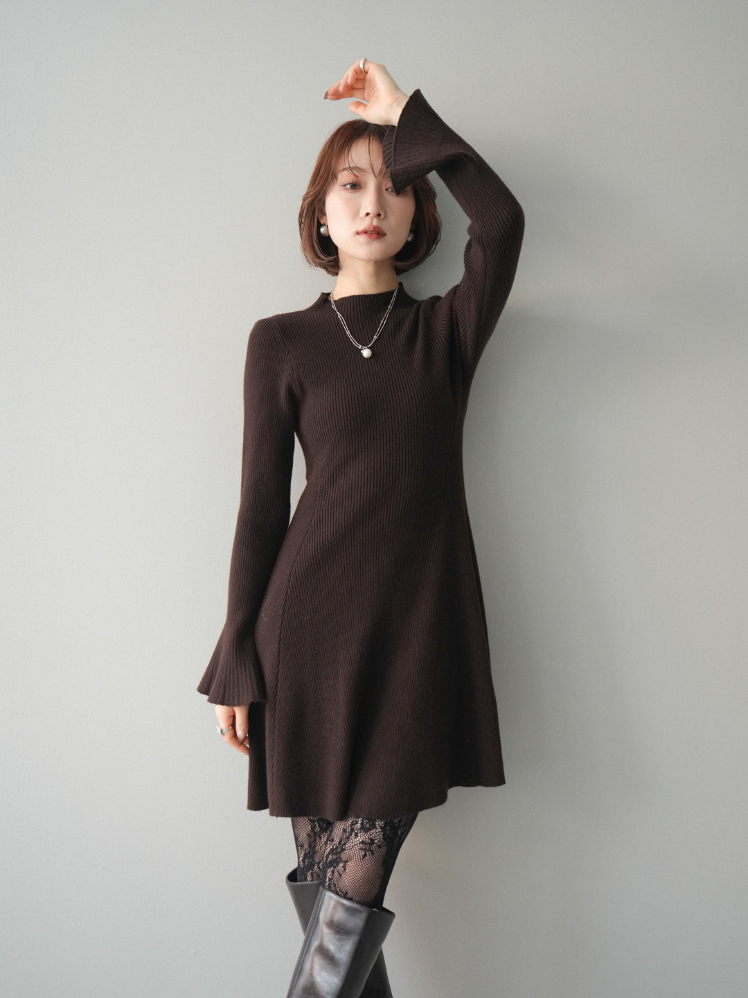 [予約]フレアリブニットミニワンピース/brown