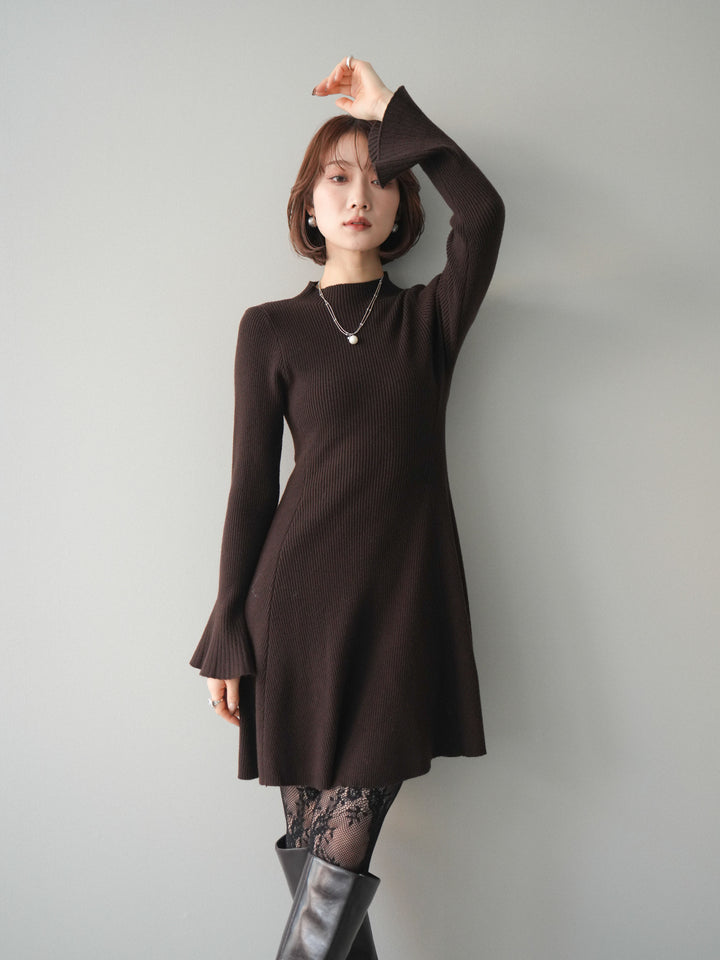 [予約]フレアリブニットミニワンピース/brown