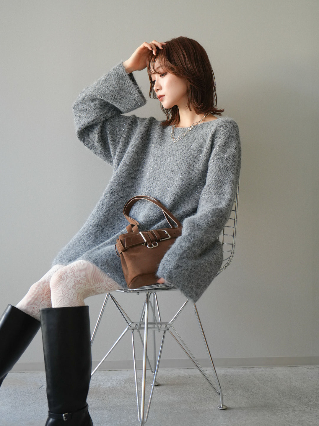 [予約]スパンコールミニシャギーニットチュニック/gray