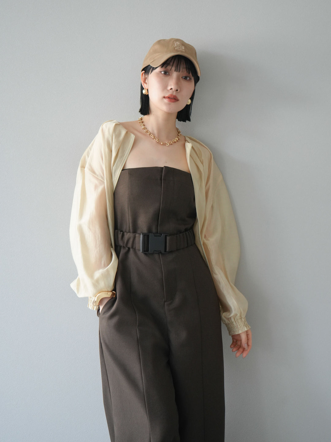 [SET]タックデザインシアーブルゾン+ヘザーツイルベルト付ベアサロペット(2set)