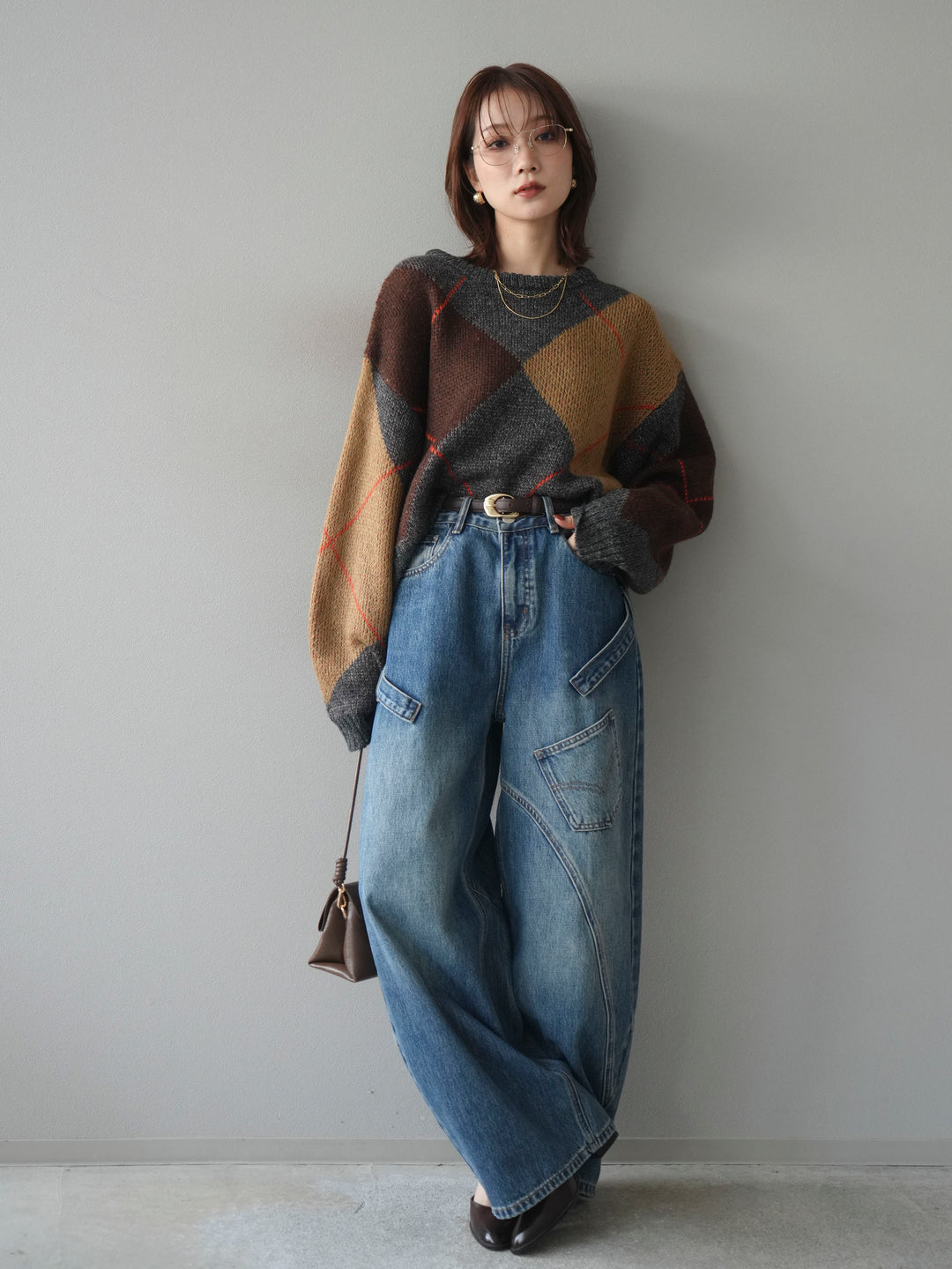 [SET]配色ステッチアーガイル柄ニットプルオーバー+ペインターカーブデニムパンツ(2set)