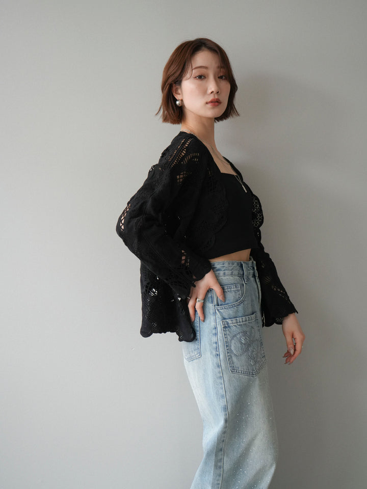 【套裝】3D蕾絲蕾絲上衣+內建胸罩羅紋抹胸吊帶背心（兩件組）