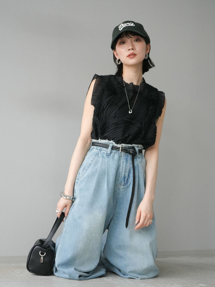 [予約]チュールジャガードノースリブラウス/ブラック