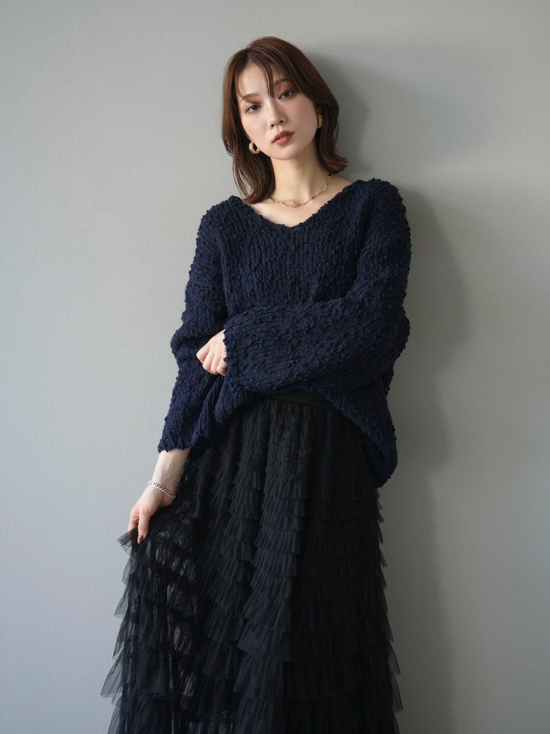 [予約]メランジポコポコニットプルオーバー/navy