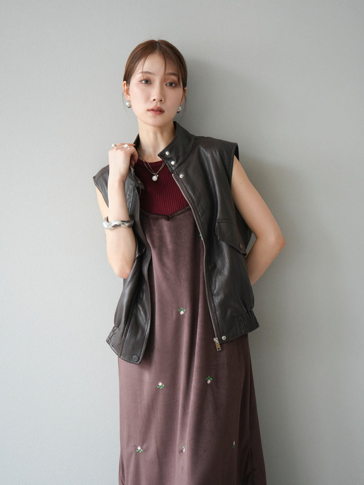 [予約]フラワー刺繍ベロアキャミワンピース/ブラウン