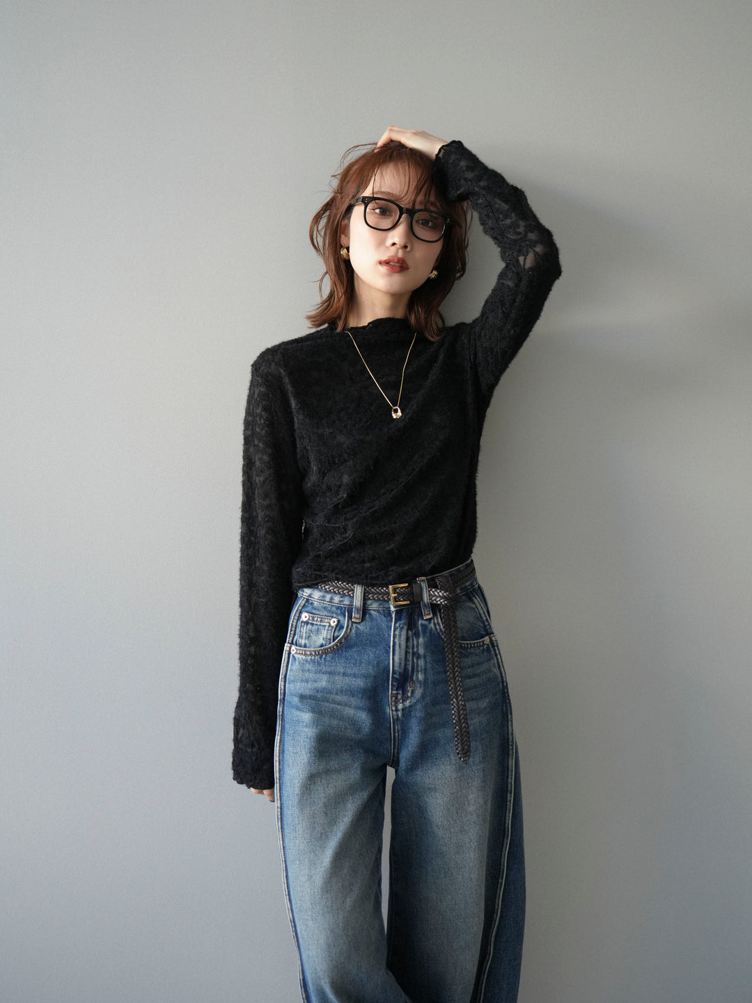 [予約]起毛レースプチネックトップス/black