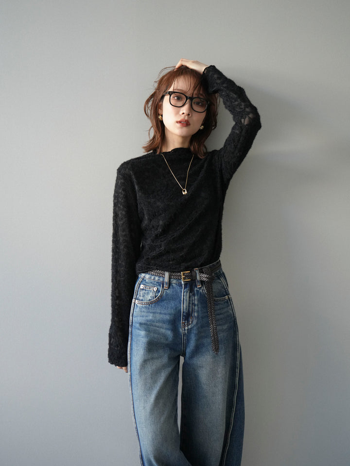 [予約]起毛レースプチネックトップス/black