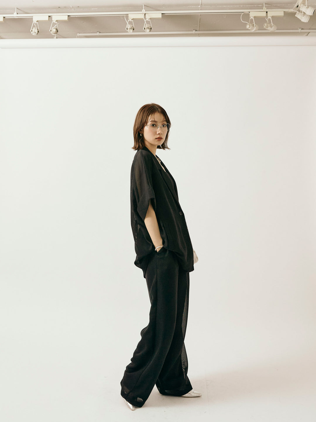 [予約]メッシュタックワイドパンツ/ブラック