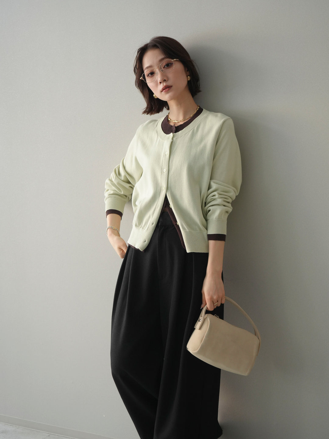 [予約]配色レイヤードコットンアクリルニットカーディガン/mint