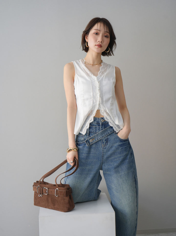 [予約]ノースリサテンレースキャミソール/white