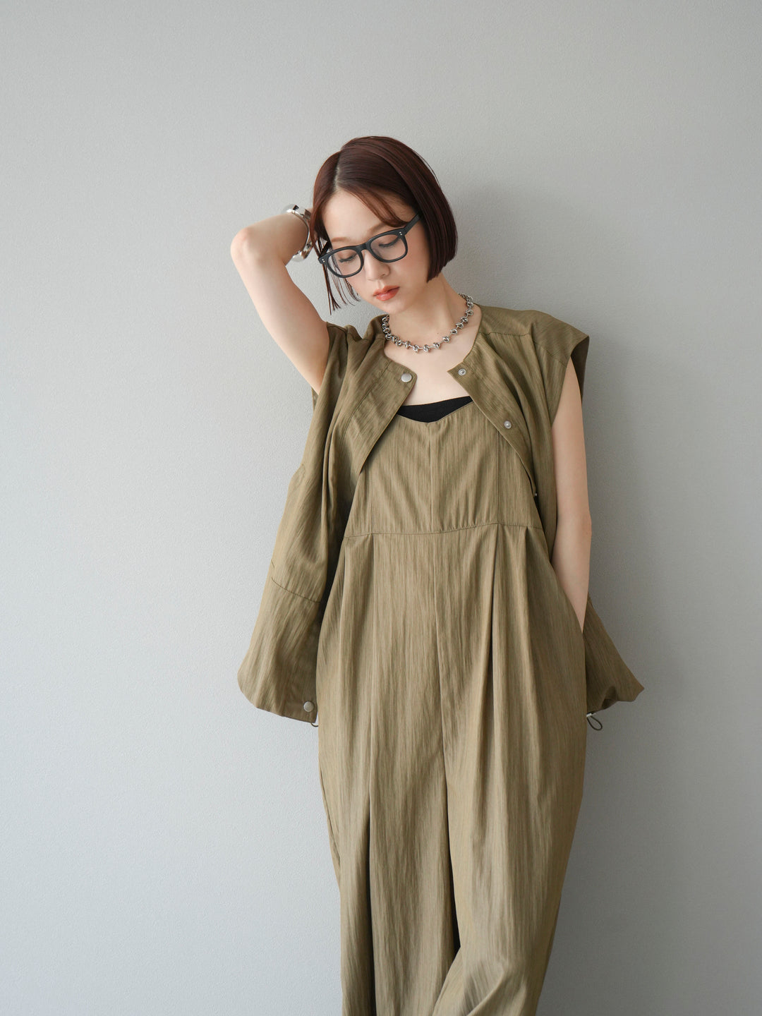 [SET]リネンライクビスチェデザインサロペット+リネンライクドロストバルーンブルゾン(2set)