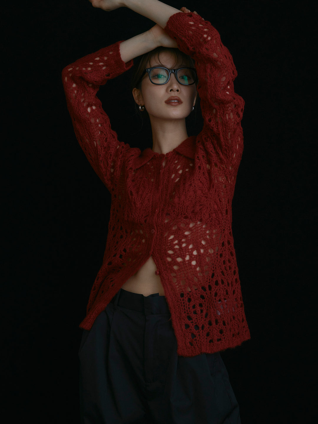 【Allure】[SET]ローゲージ透かし編みポロニッカーディガン+タフタワイドカーブパンツ(2set)