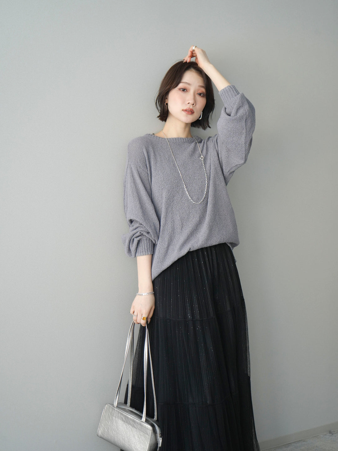 [SET]バックシアーフラワーレースニットプルオーバー+ラメプリーツレイヤードチュールロングスカート(2set)