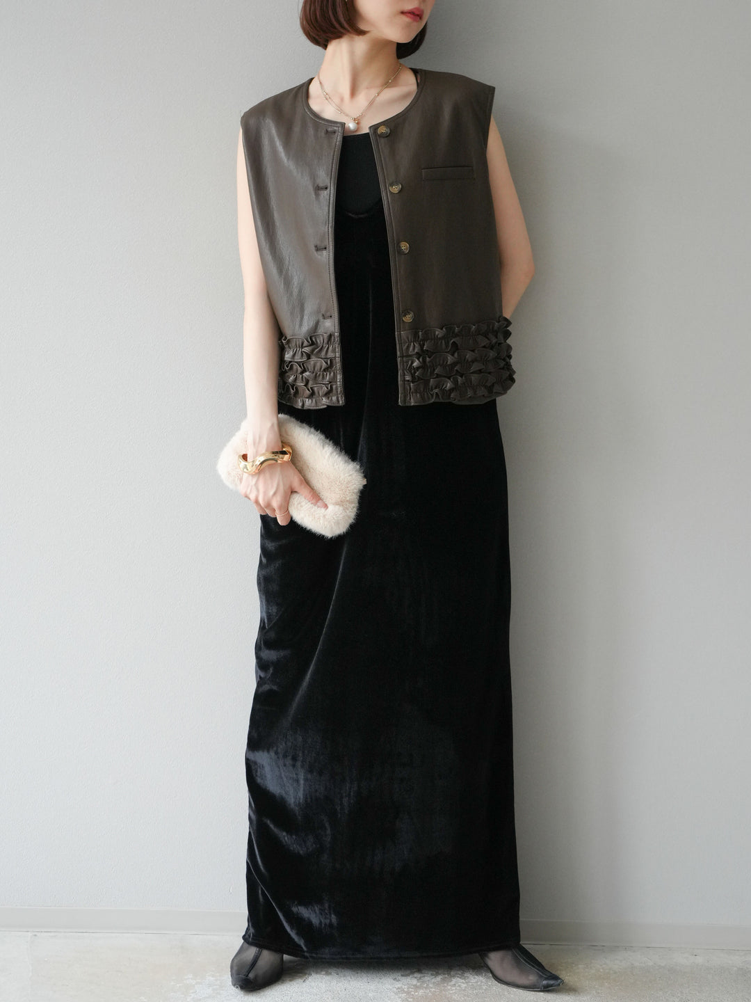 [予約]ベロアビスチェキャミワンピース/ブラック