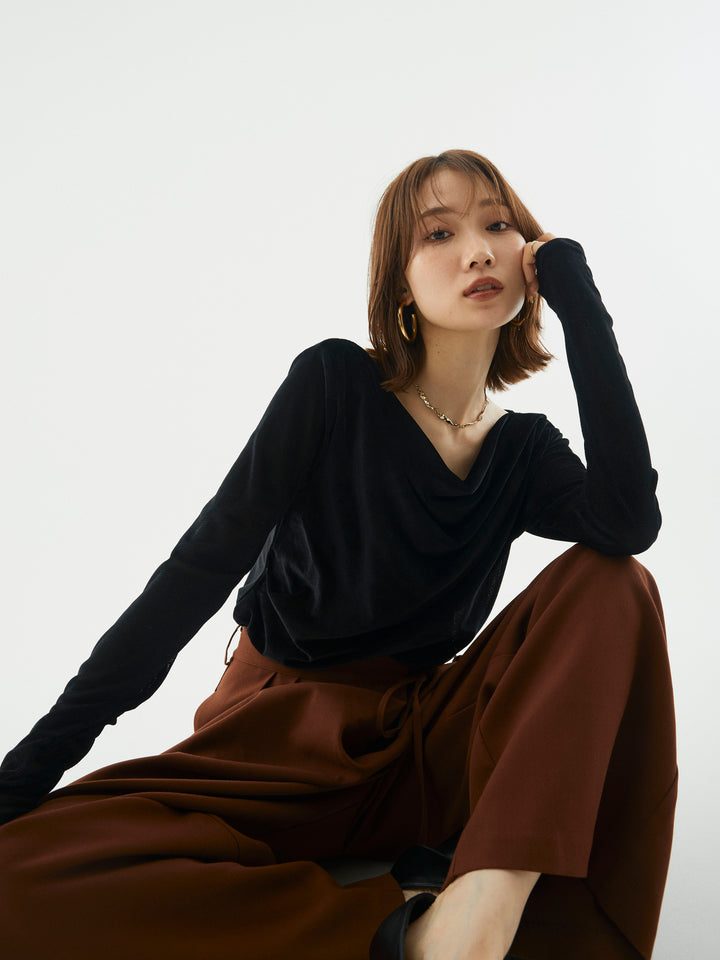 【Allure】[SET]シアーベロアタックデザイントップス+ラップデザインタックワイドパンツ(2set)