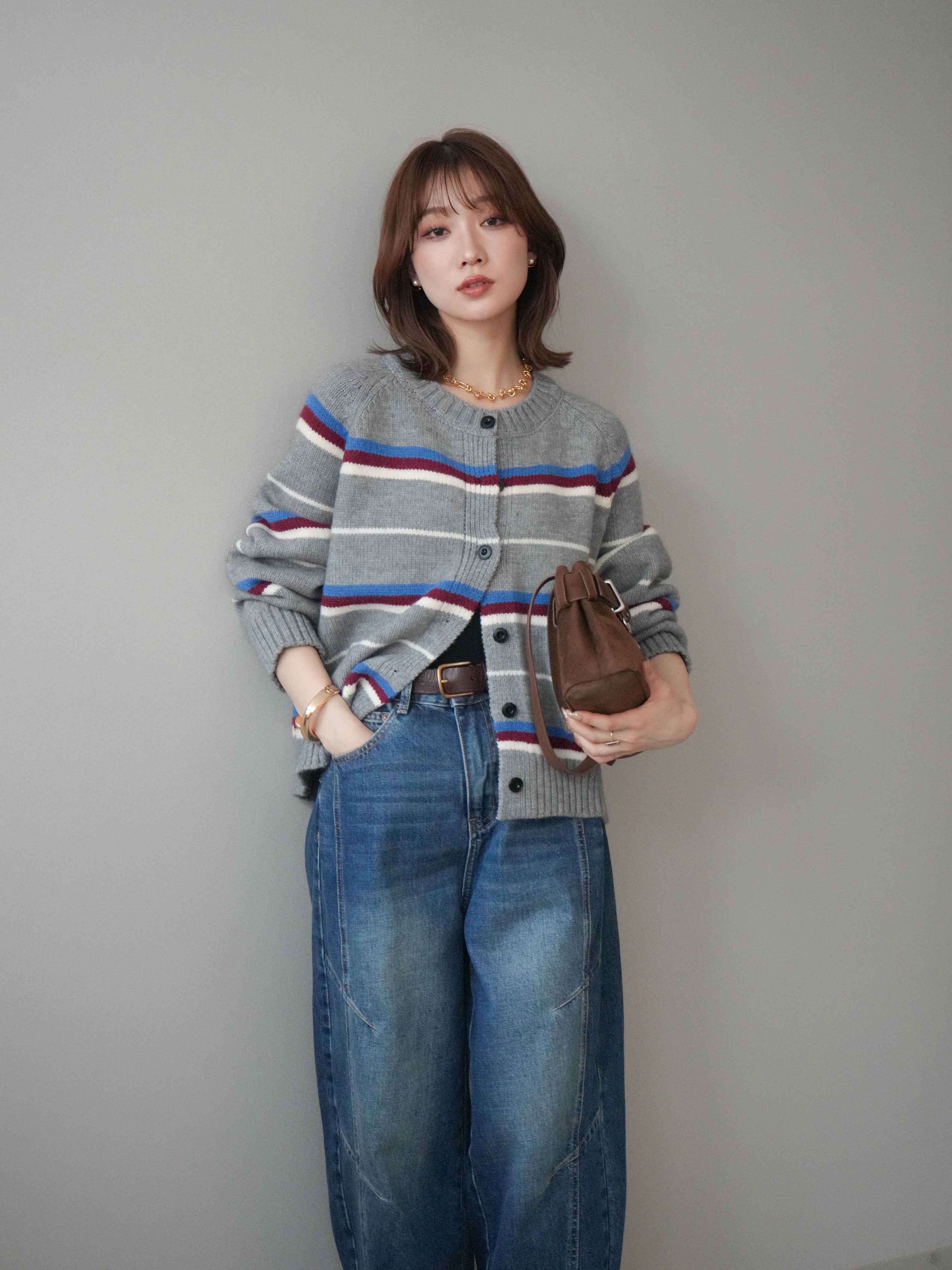 専用 70sカーディガン、レザー、デニム SET]ランダムボーダーニットカーディガン+デザインステッチカーブ
