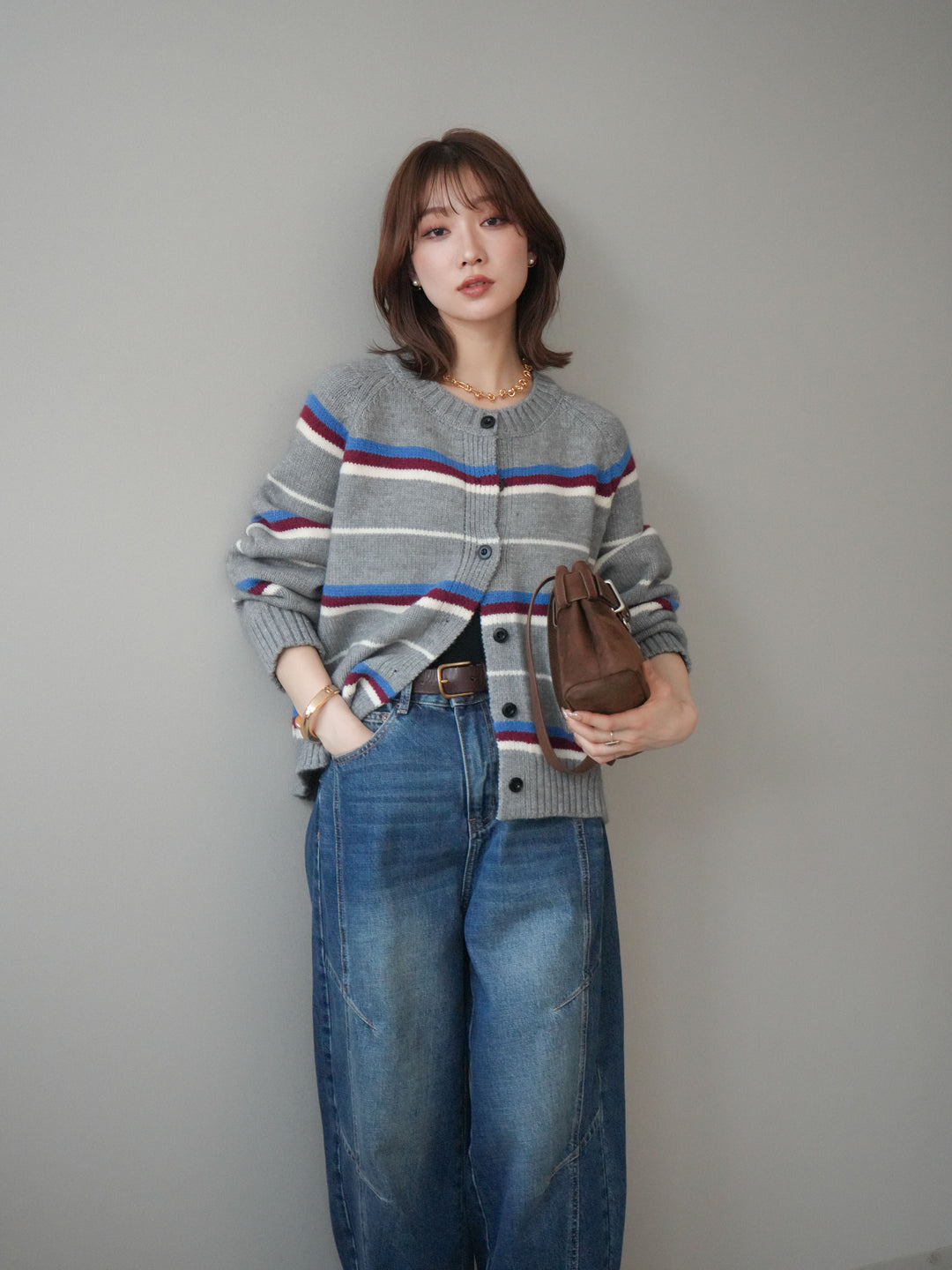 [SET]ランダムボーダーニットカーディガン+デザインステッチカーブデニムパンツ(2set)