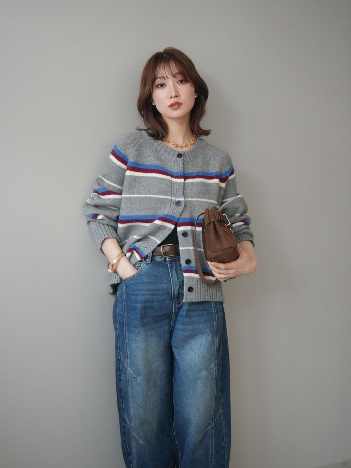 [SET]ランダムボーダーニットカーディガン+デザインステッチカーブデニムパンツ(2set)