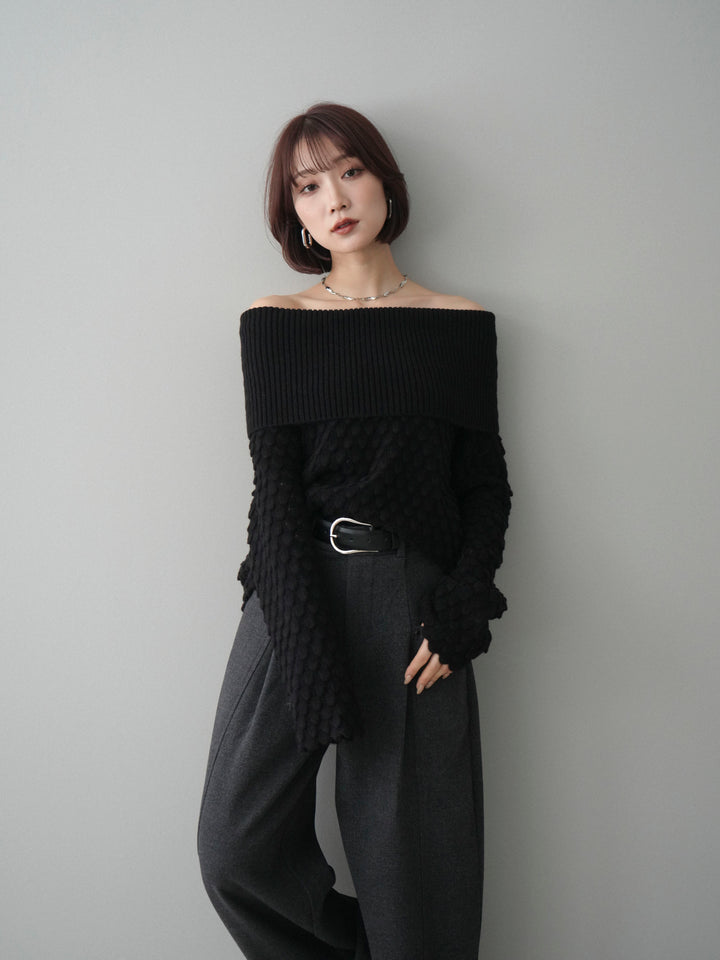 [SET]ポコポコ編みオフショルニットプルオーバー+ベルト付起毛コクーンパンツ(2set)