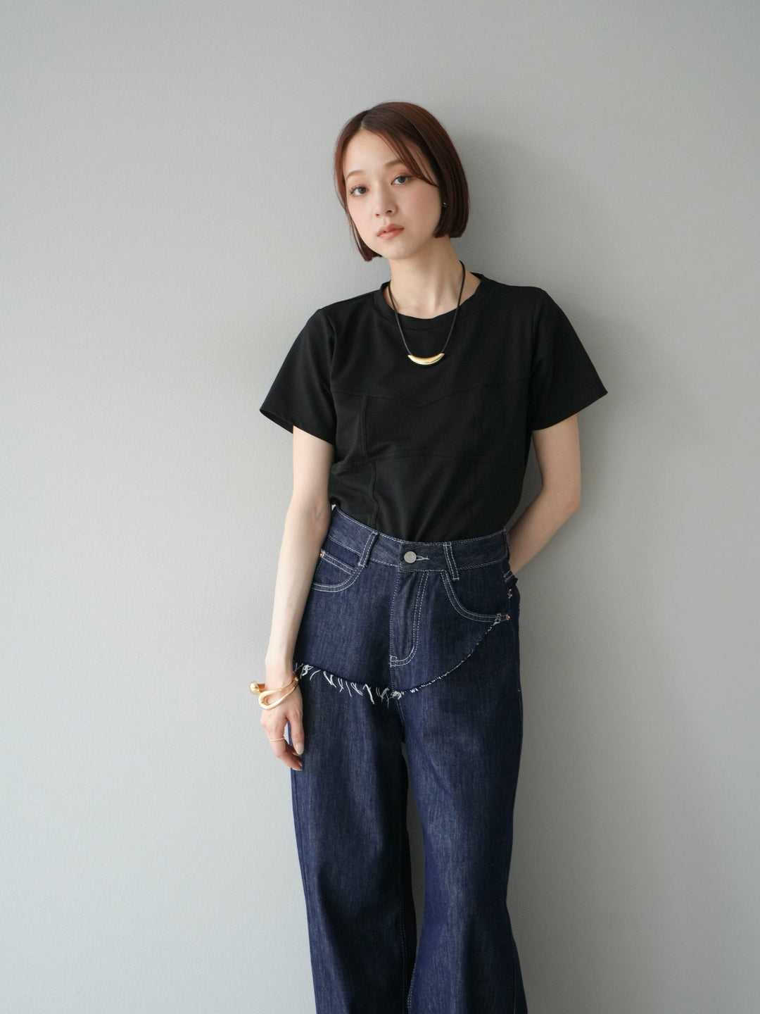 [SET]ビスチェデザインTシャツ+ヒップデザインデニムパンツ(2set)