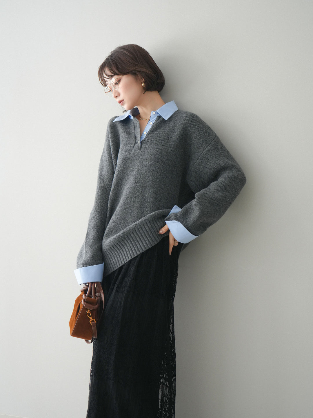 [予約]シャツドッキングオーバーニットプルオーバー/charcoalsax