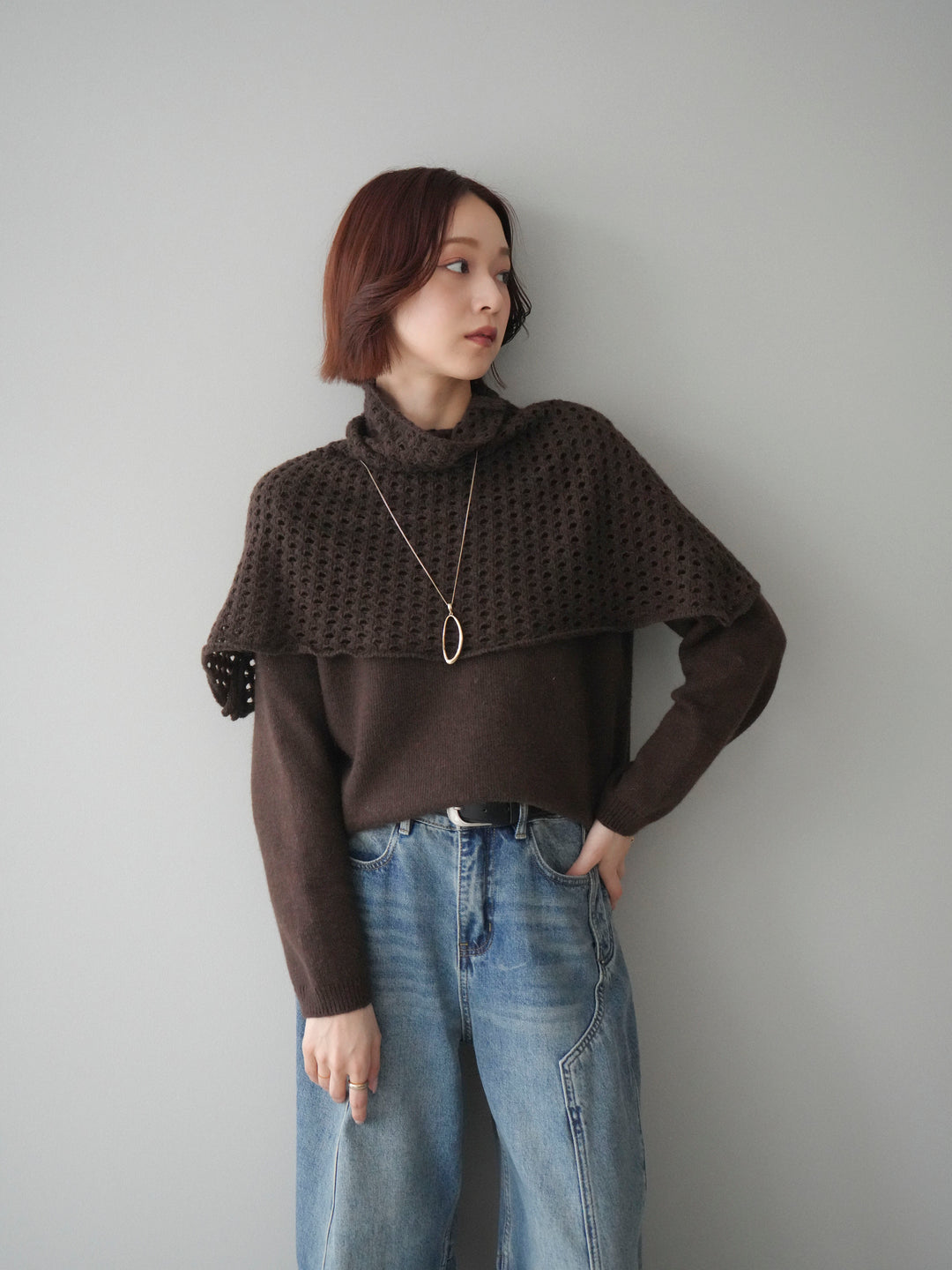 [予約]メッシュケープアンサンブルニットプルオーバー/brown