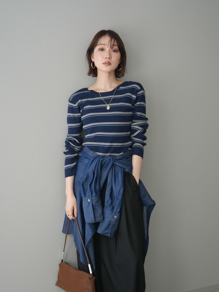 [予約]バックオープンテレコリブマルチボーダートップス/navy