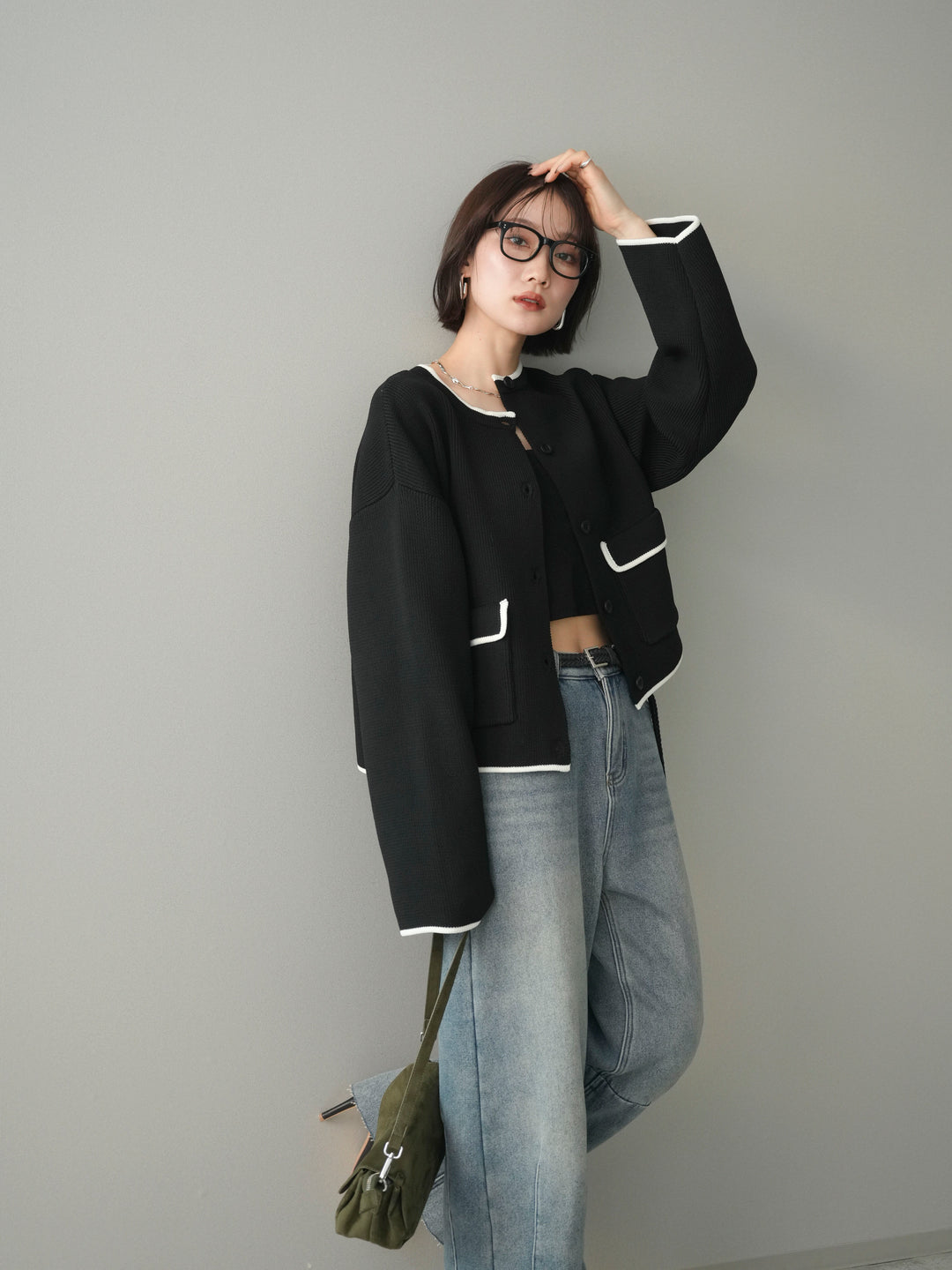 [SET]ポリエステル配色ニットカーディガン+選べるアクセセット(2set)