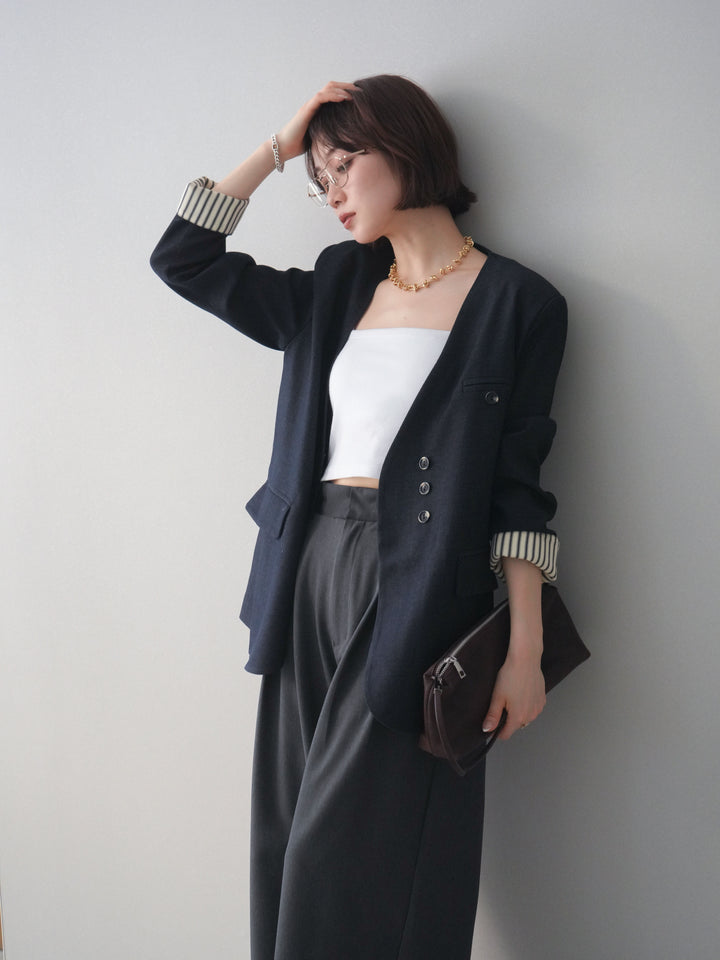 [SET]ノーカラージャケット+サテンベルトタックワイドパンツ(2set)