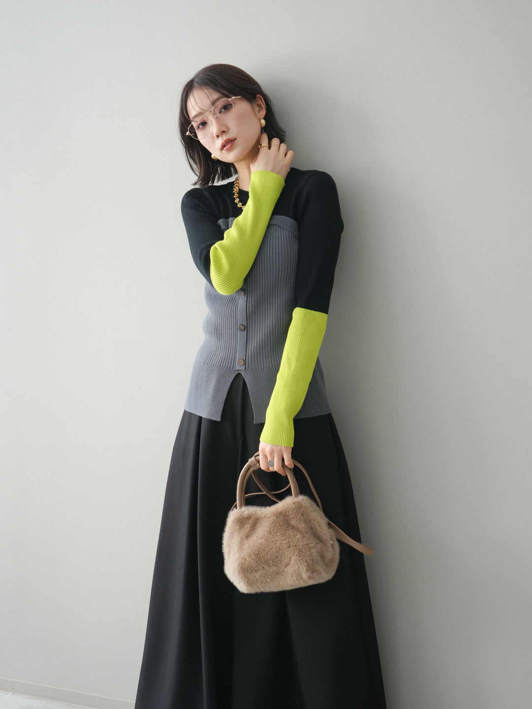 [SET]配色ビスチェドッキングリブニットトップス+選べるアクセセット(2set)