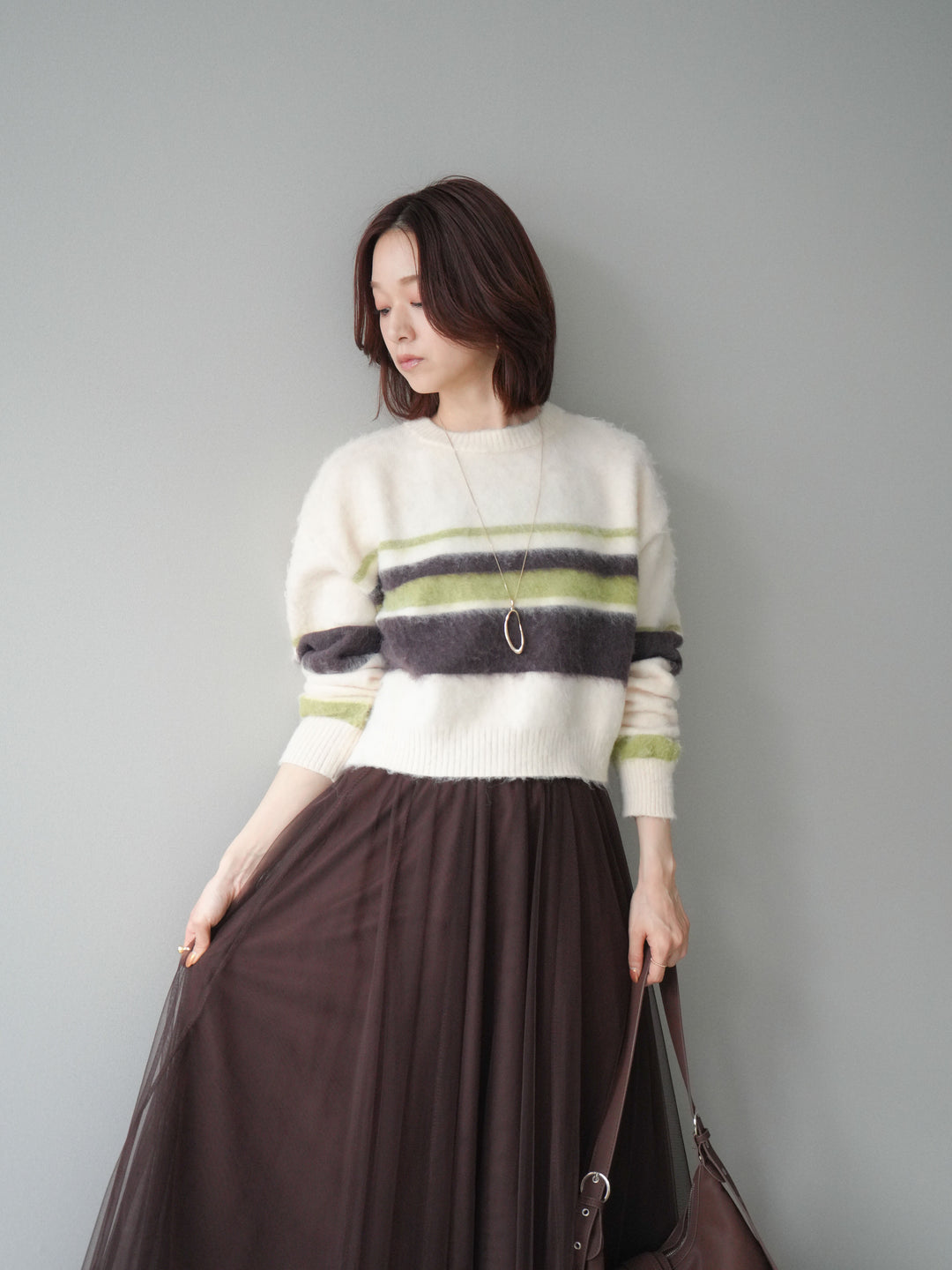 [SET]ソフトタッチボーダークロップドニットプルオーバー+チュールボリュームスカート(2set)