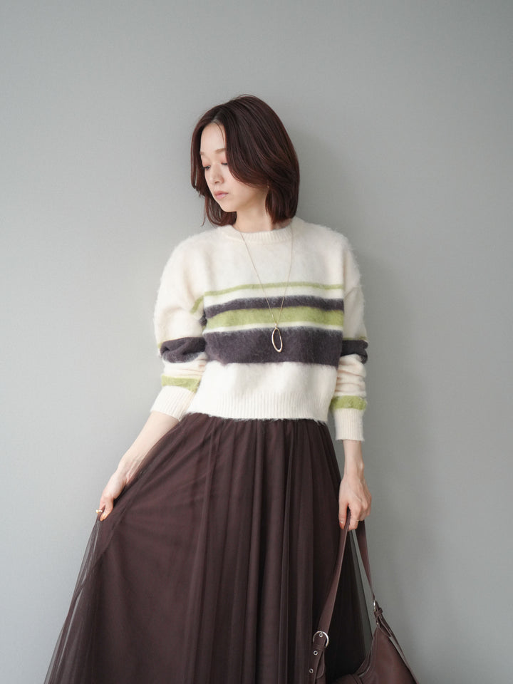 [SET]ソフトタッチボーダークロップドニットプルオーバー+チュールボリュームスカート(2set)