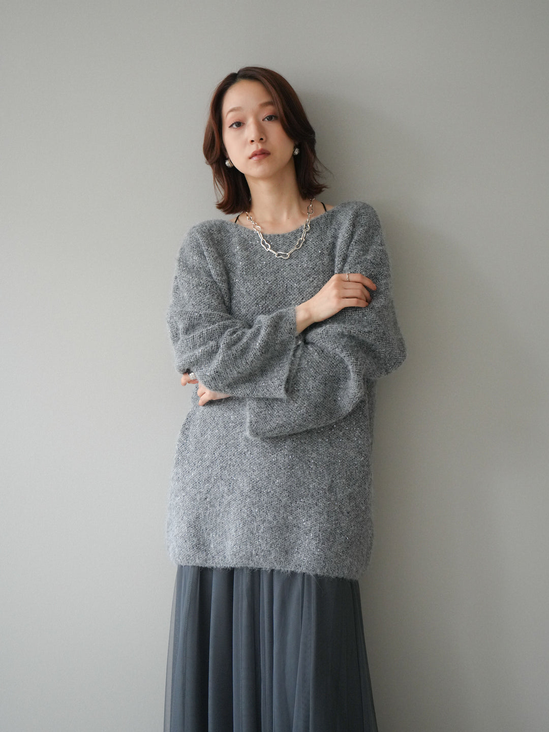 [予約]スパンコールミニシャギーニットチュニック/gray