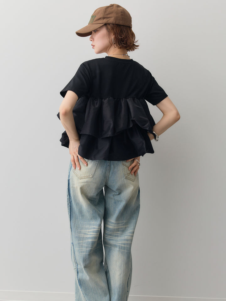 [SET]フリルティアードTEE+縦ウォッシュワイドデニムパンツ(2set)