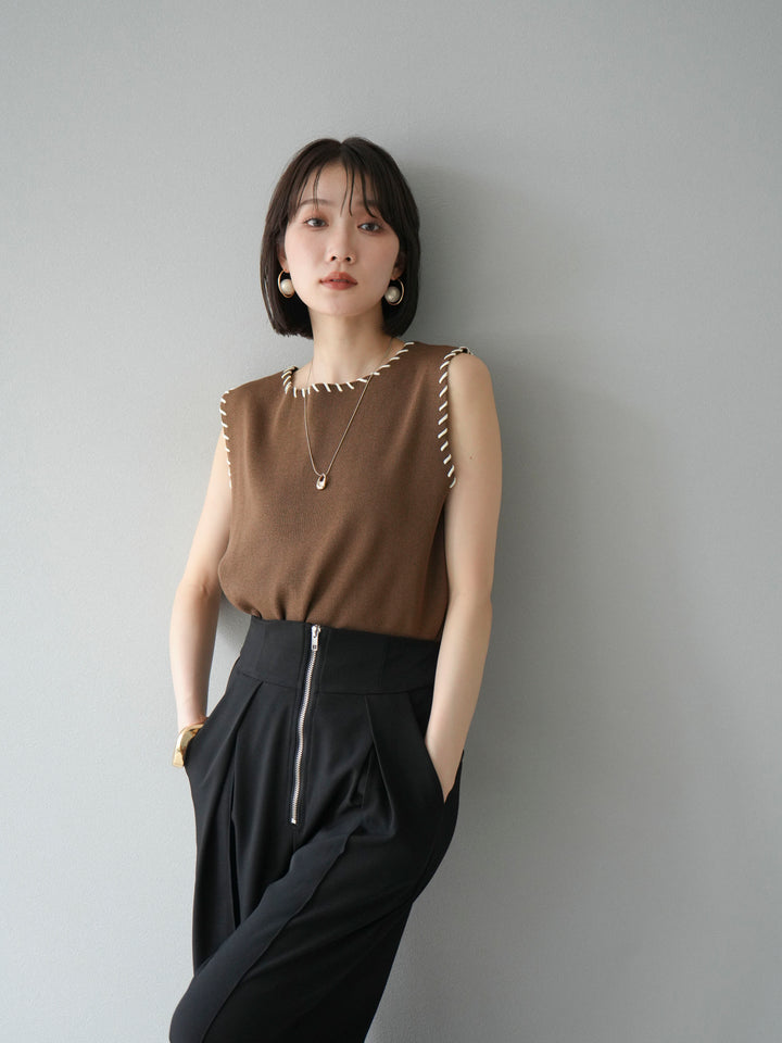 [予約]リネンタッチハンドステッチニットプルオーバー/モカ