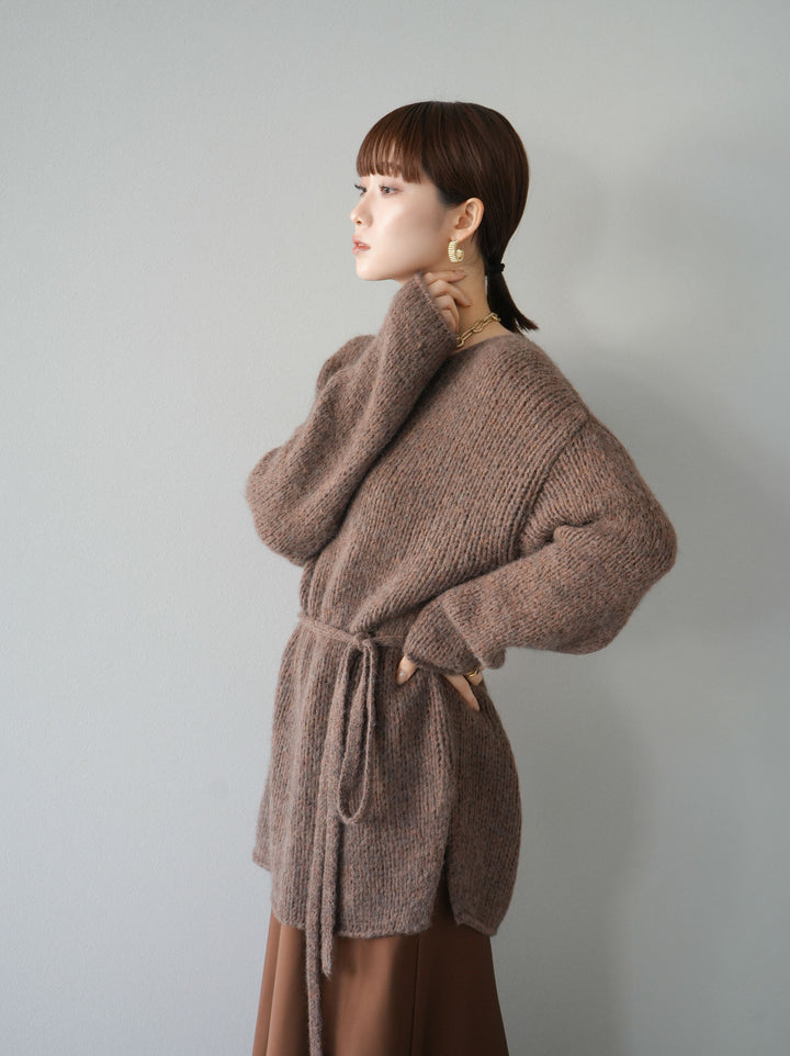 [予約]紐付きあぜ編みオーバーニットプルオーバー/ブラウン