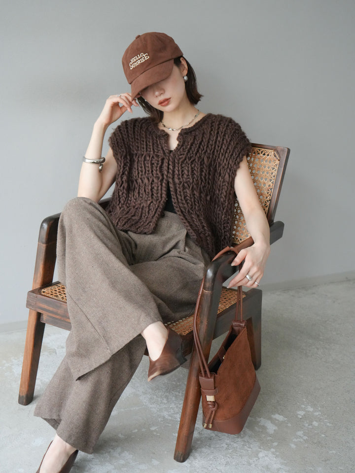 [SET] 手編繩結背心+粗花呢觸感褶皺寬褲（2件組）