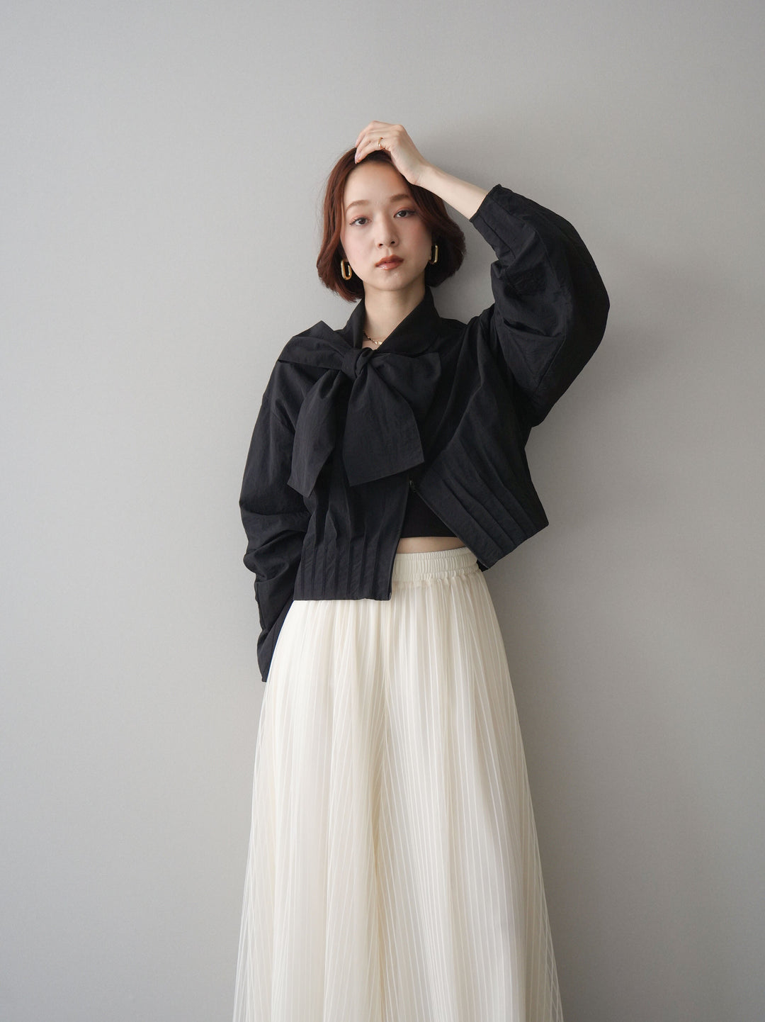 [SET]ボウタイ裾プリーツライトジャケット+ストライプチュールボリュームバギーパンツ(2set)