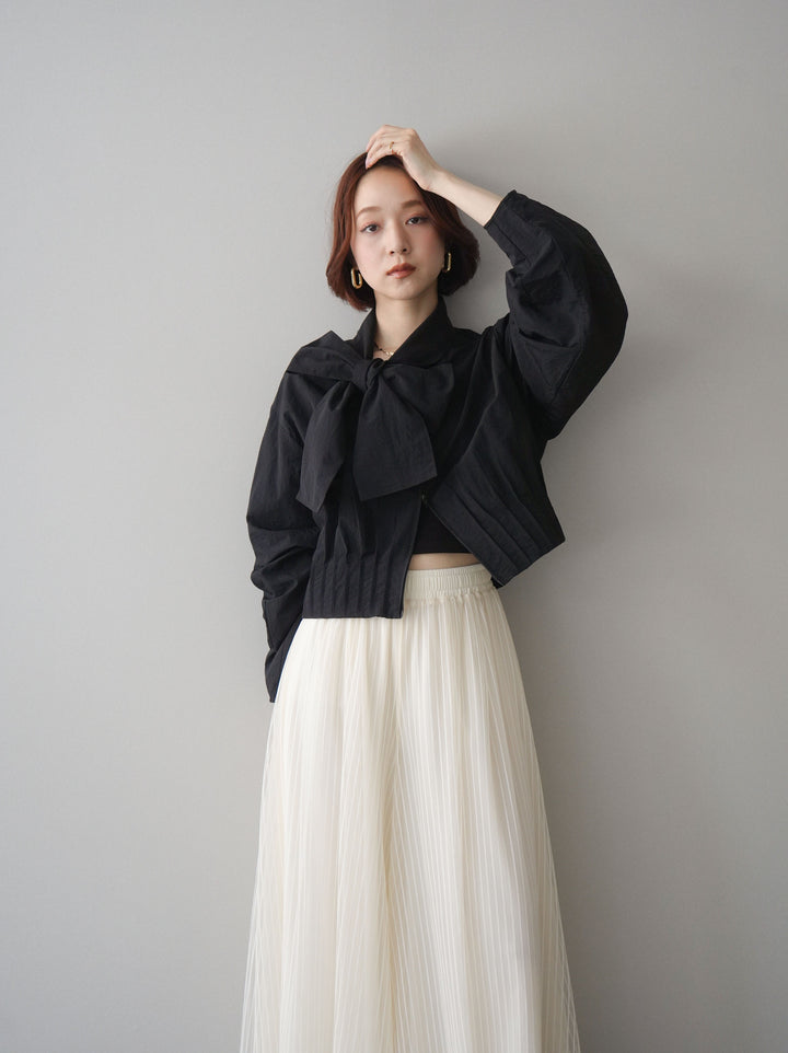 [SET]ボウタイ裾プリーツライトジャケット+ストライプチュールボリュームバギーパンツ(2set)