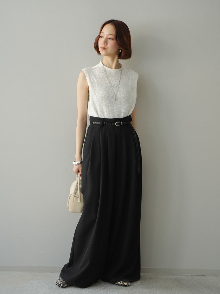 [予約]編み込みベルト付タックワイドパンツ/black