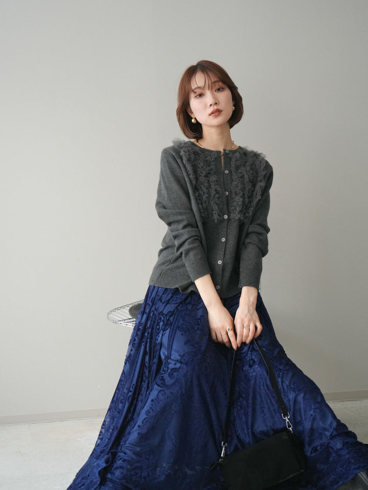 [SET]チュールフリルニットカーディガン+アンティーク柄フロッキーマキシスカート(2set)